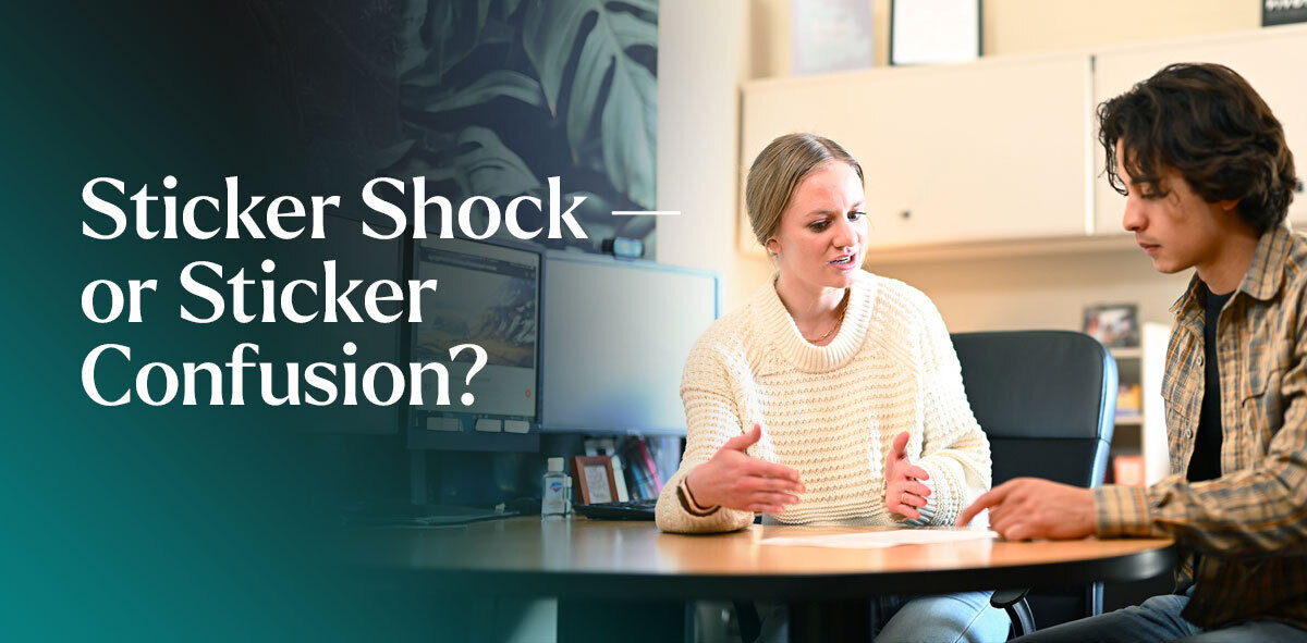 In white, text says sticker shock–or sticker confusion? To the right, a student and a counselor discussing about the document on the desk. There is an office in the background.