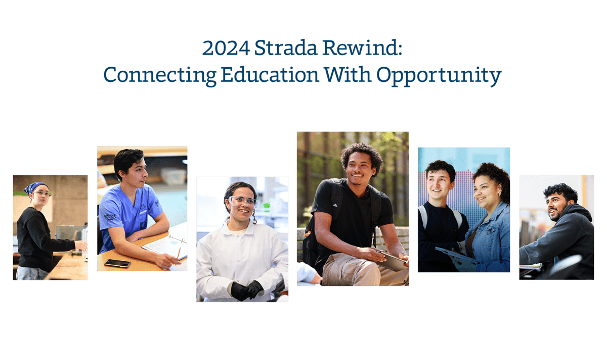 In dark blue, text says 2024 Strada Rewind: Connecting Education With Opportunity. There are pictures of a diverse group of students. 